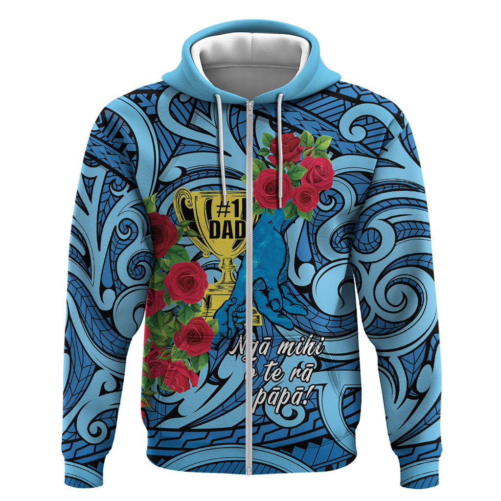 Personalised New Zealand Father's Day Hoodie Best Dad Trophy Red Rose Maori Pattern LT22 Zip Hoodie Blue - Polynesian Pride