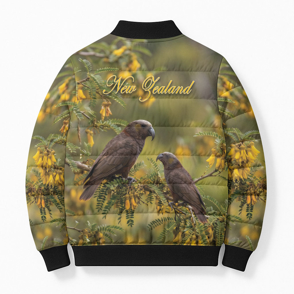 New Zealand Kaka Bird Bomber Puffer Jacket Kowhai Flower Landscape Style LT22 - Polynesian Pride