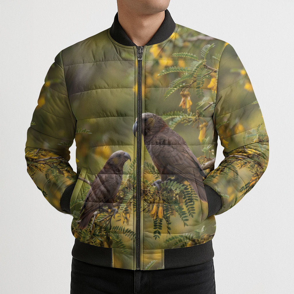 New Zealand Kaka Bird Bomber Puffer Jacket Kowhai Flower Landscape Style LT22 - Polynesian Pride