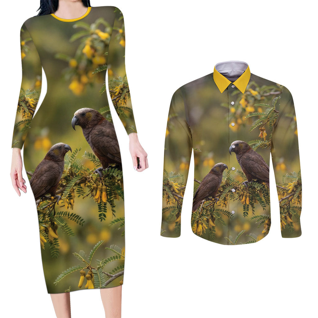 New Zealand Kaka Bird Couples Matching Long Sleeve Bodycon Dress and Long Sleeve Button Shirt Kowhai Flower Landscape Style LT22 Green - Polynesian Pride