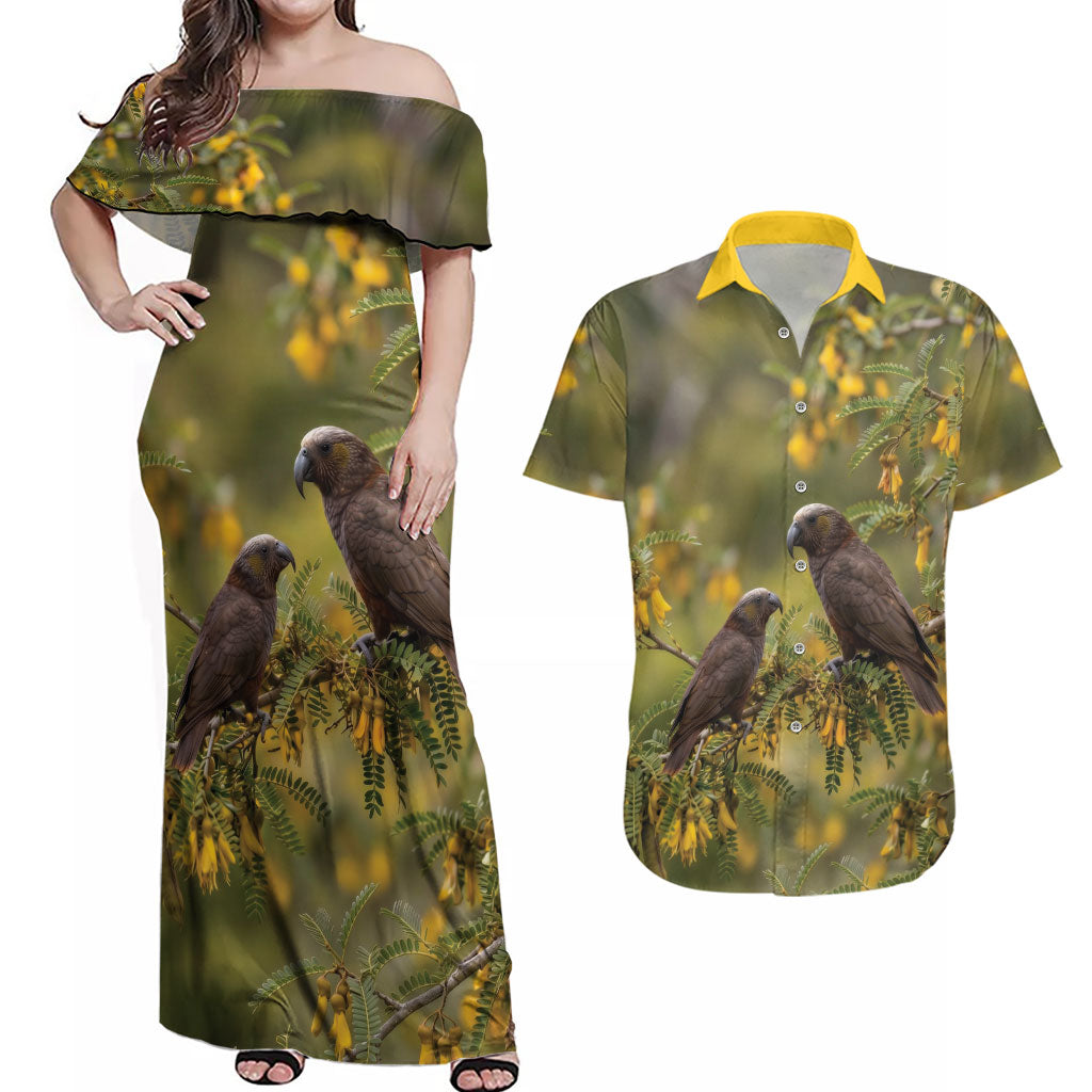New Zealand Kaka Bird Couples Matching Off Shoulder Maxi Dress and Hawaiian Shirt Kowhai Flower Landscape Style LT22 Green - Polynesian Pride