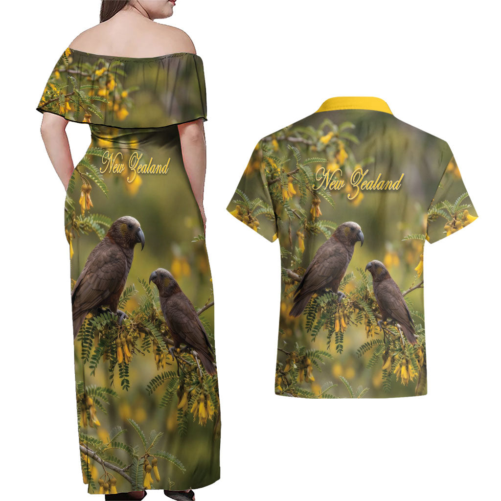 New Zealand Kaka Bird Couples Matching Off Shoulder Maxi Dress and Hawaiian Shirt Kowhai Flower Landscape Style LT22 - Polynesian Pride