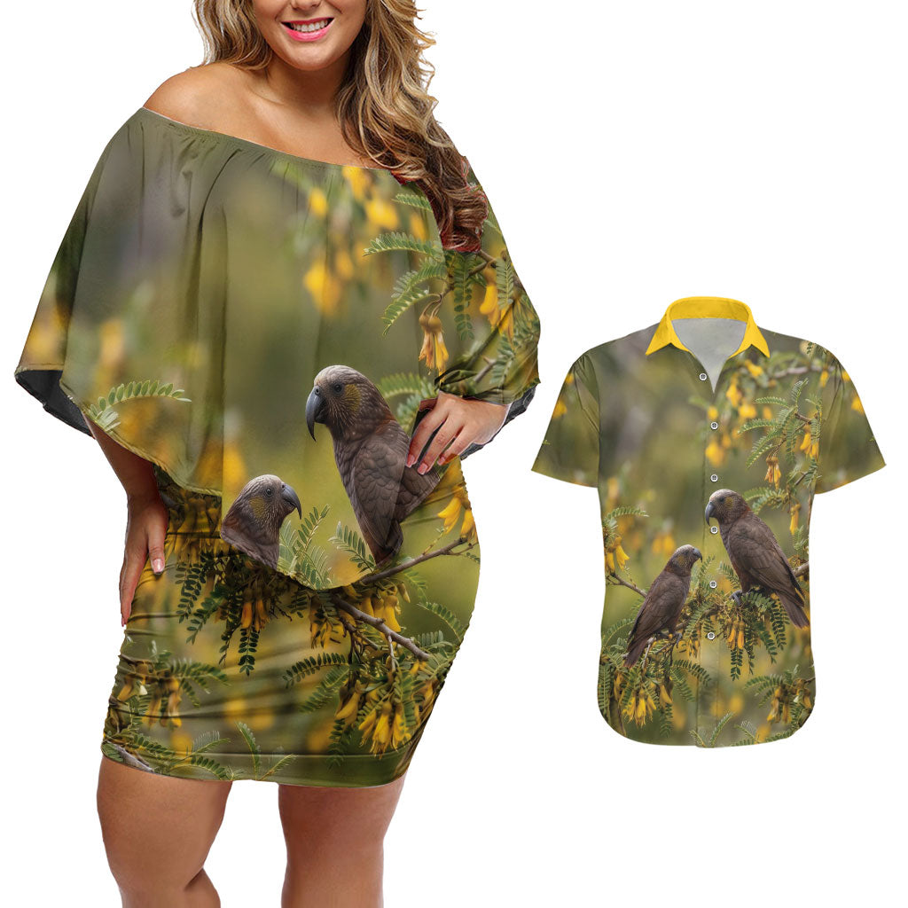 New Zealand Kaka Bird Couples Matching Off Shoulder Short Dress and Hawaiian Shirt Kowhai Flower Landscape Style LT22 Green - Polynesian Pride