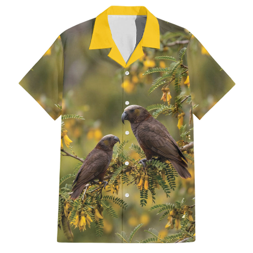 New Zealand Kaka Bird Family Matching Off Shoulder Short Dress and Hawaiian Shirt Kowhai Flower Landscape Style LT22 Dad's Shirt - Short Sleeve Green - Polynesian Pride