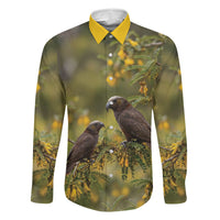New Zealand Kaka Bird Family Matching Off Shoulder Short Dress and Hawaiian Shirt Kowhai Flower Landscape Style LT22 Dad's Shirt - Long Sleeve Green - Polynesian Pride