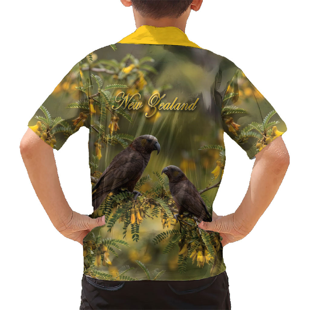 New Zealand Kaka Bird Family Matching Puletasi and Hawaiian Shirt Kowhai Flower Landscape Style
