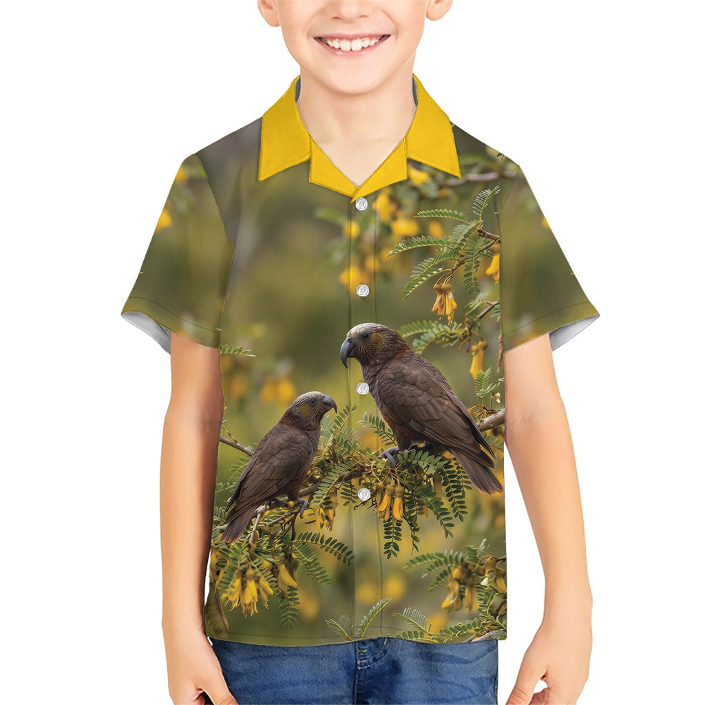 New Zealand Kaka Bird Family Matching Puletasi and Hawaiian Shirt Kowhai Flower Landscape Style