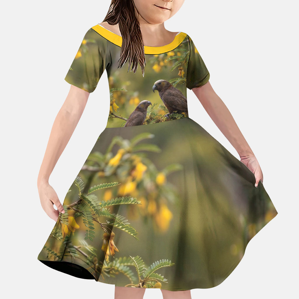 New Zealand Kaka Bird Family Matching Short Sleeve Bodycon Dress and Hawaiian Shirt Kowhai Flower Landscape Style LT22 Daughter's Dress Green - Polynesian Pride