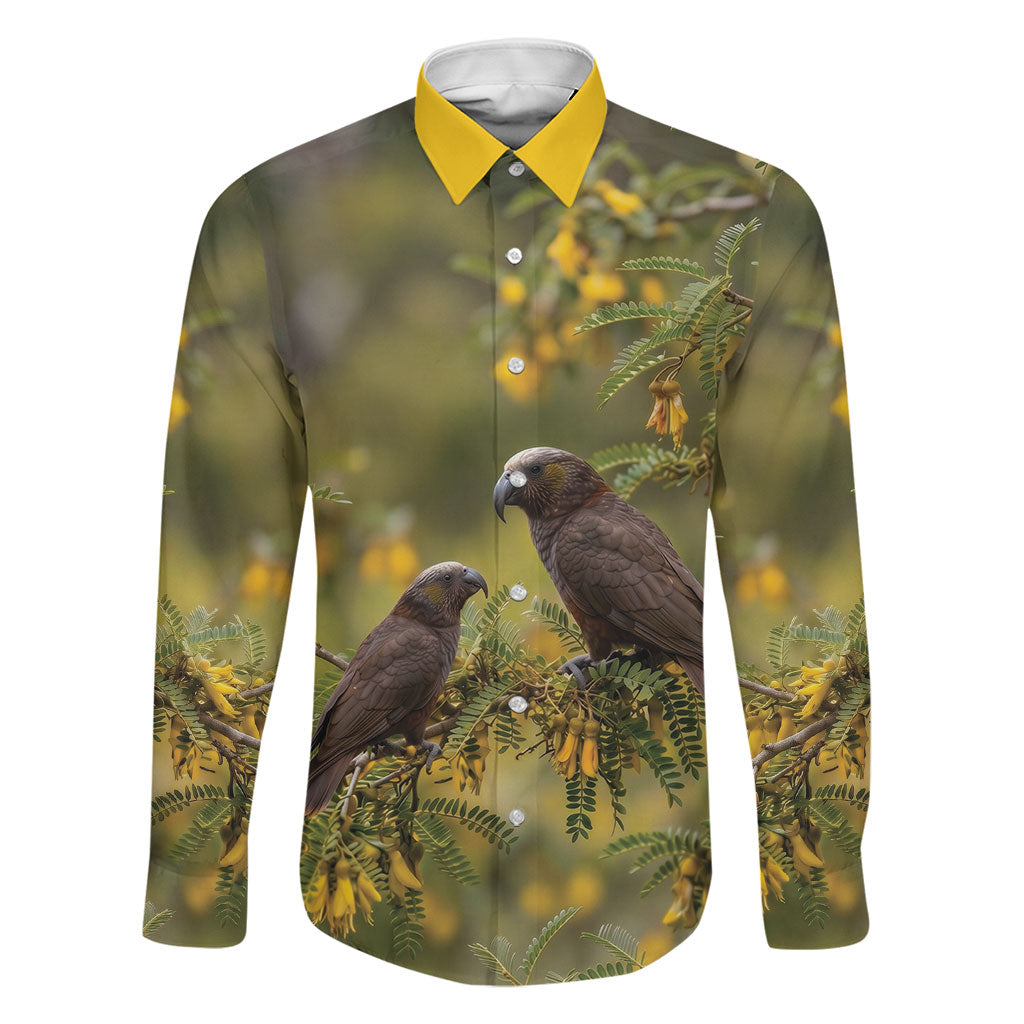 New Zealand Kaka Bird Family Matching Tank Maxi Dress and Hawaiian Shirt Kowhai Flower Landscape Style LT22 Dad's Shirt - Long Sleeve Green - Polynesian Pride