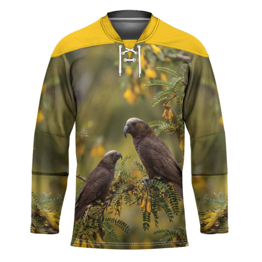 New Zealand Kaka Bird Hockey Jersey Kowhai Flower Landscape Style