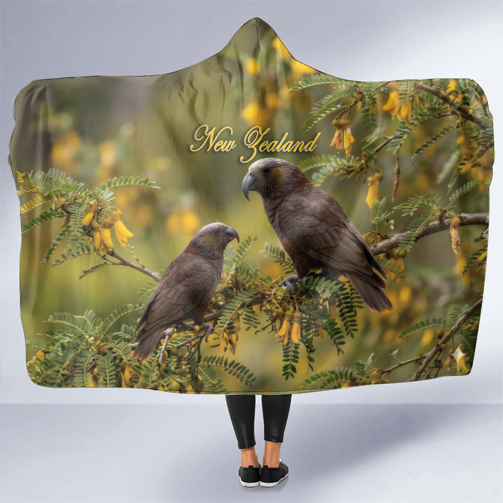 New Zealand Kaka Bird Hooded Blanket Kowhai Flower Landscape Style