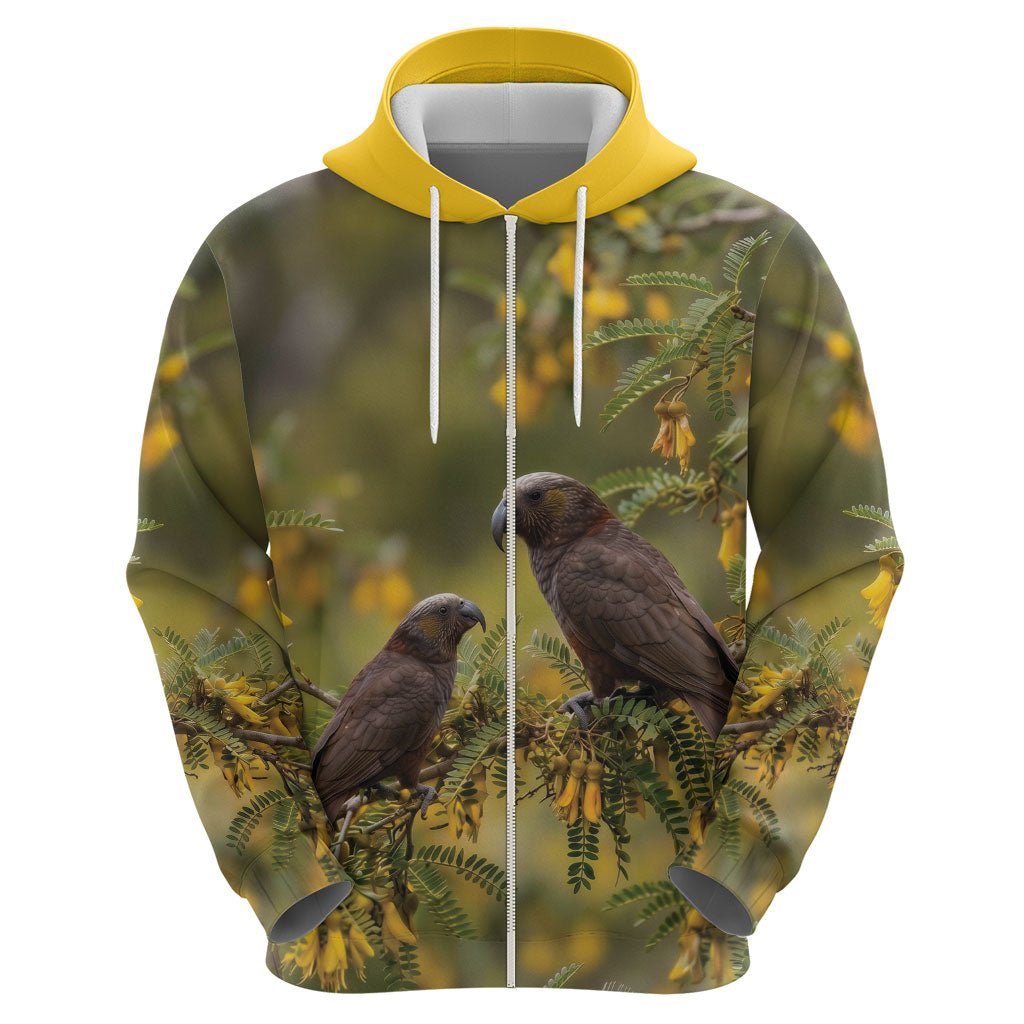 New Zealand Kaka Bird Hoodie Kowhai Flower Landscape Style LT22 - Polynesian Pride