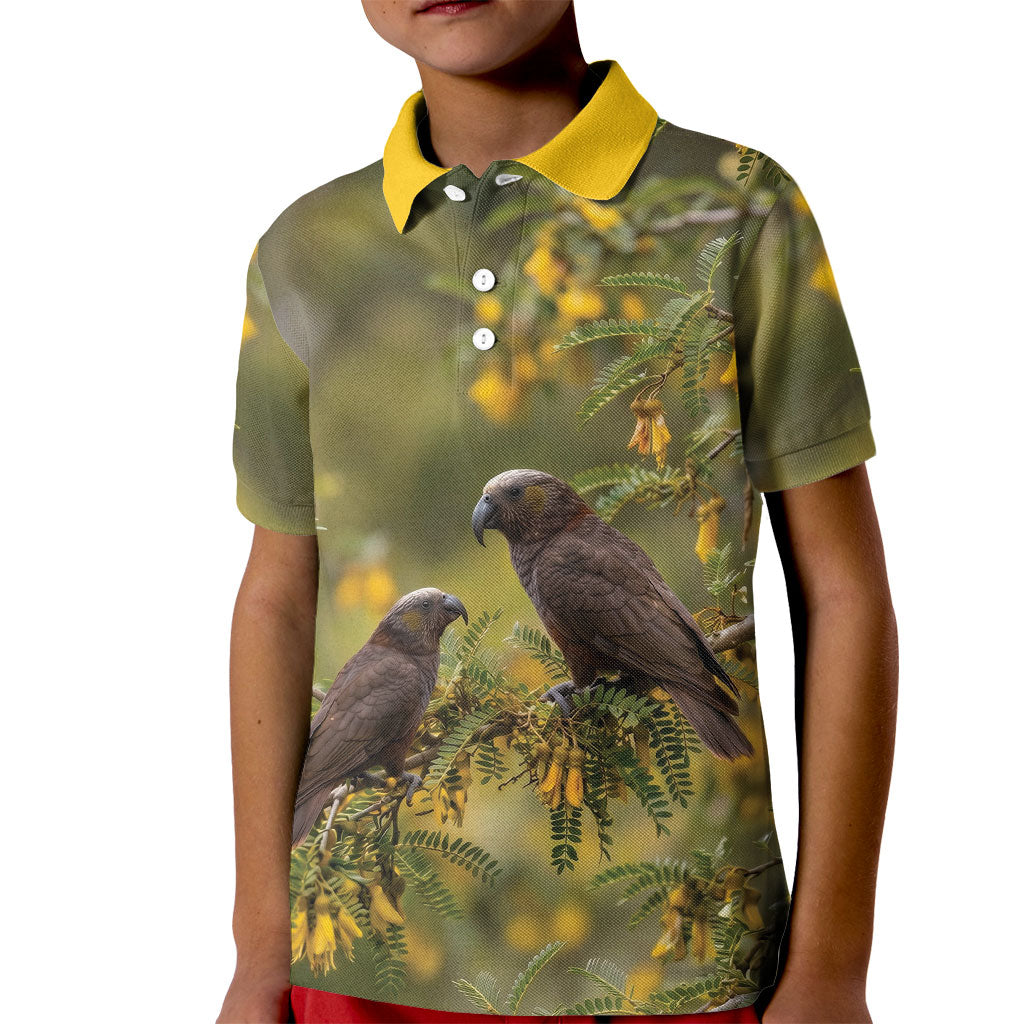 New Zealand Kaka Bird Kid Polo Shirt Kowhai Flower Landscape Style