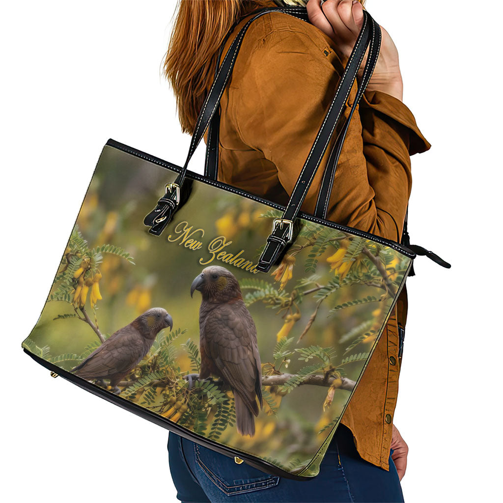 New Zealand Kaka Bird Leather Tote Bag Kowhai Flower Landscape Style LT22 - Polynesian Pride