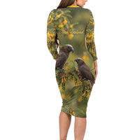 New Zealand Kaka Bird Long Sleeve Bodycon Dress Kowhai Flower Landscape Style LT22 - Polynesian Pride