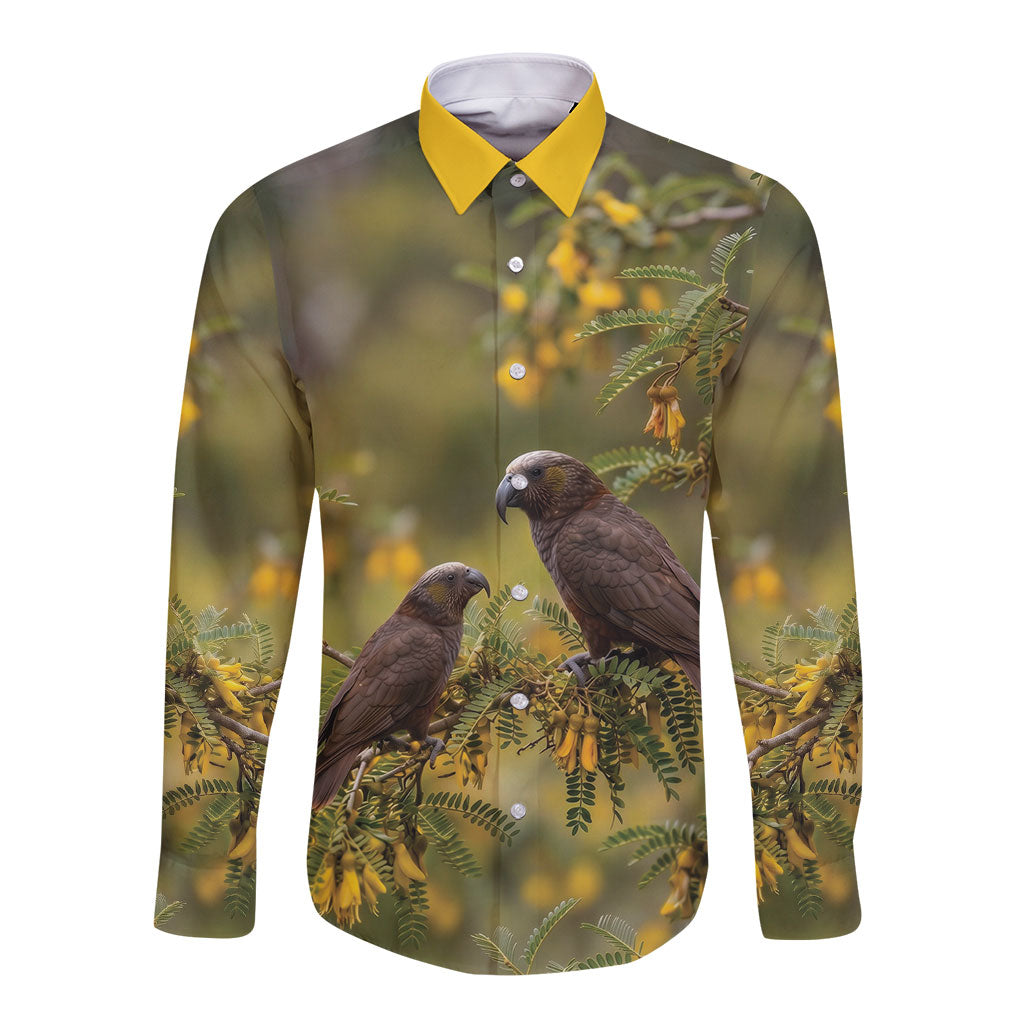 New Zealand Kaka Bird Long Sleeve Button Shirt Kowhai Flower Landscape Style LT22 Unisex Green - Polynesian Pride
