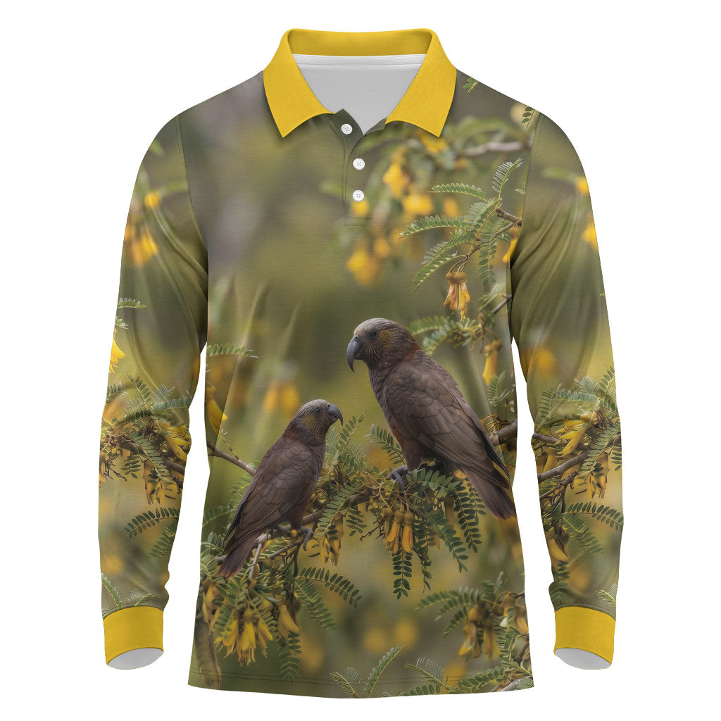 New Zealand Kaka Bird Long Sleeve Polo Shirt Kowhai Flower Landscape Style LT22 Green - Polynesian Pride