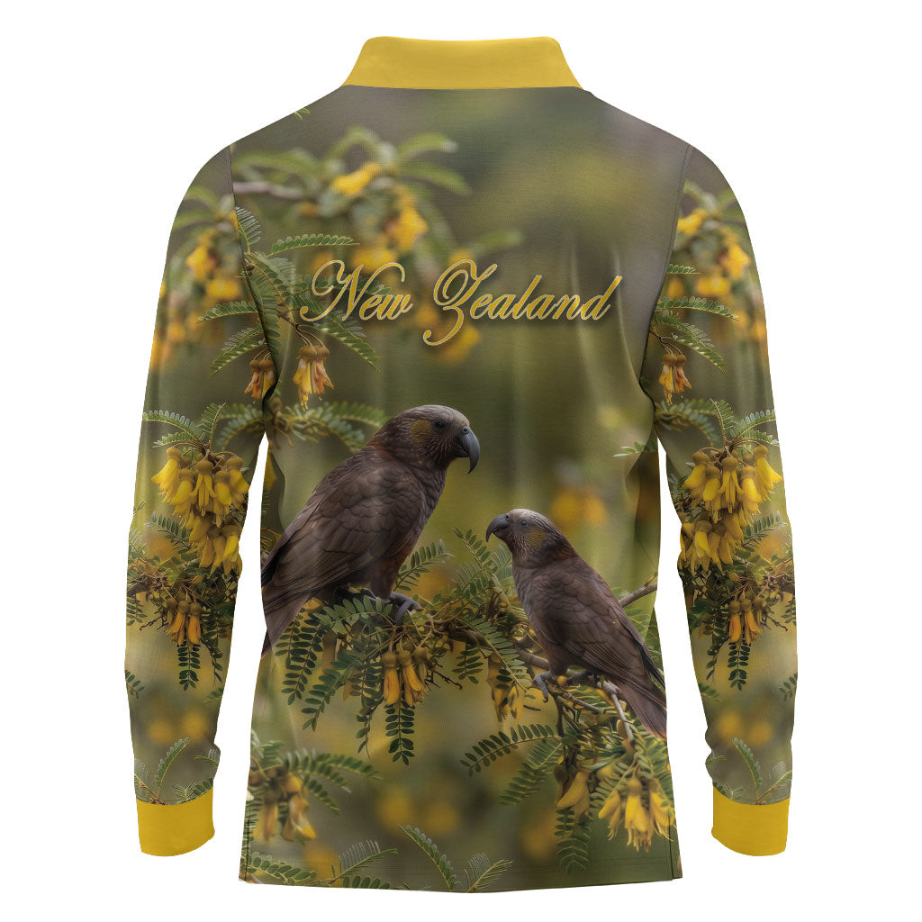 New Zealand Kaka Bird Long Sleeve Polo Shirt Kowhai Flower Landscape Style LT22 - Polynesian Pride