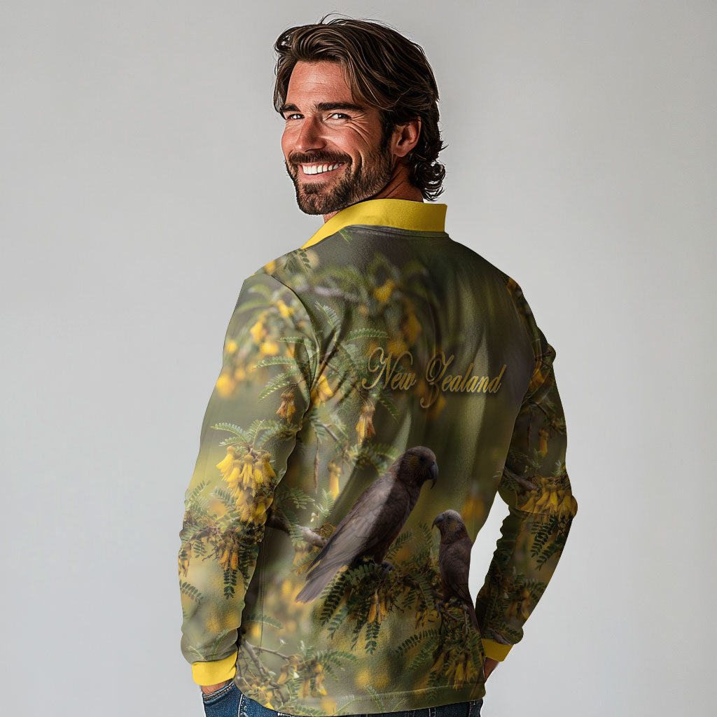 New Zealand Kaka Bird Long Sleeve Polo Shirt Kowhai Flower Landscape Style LT22 - Polynesian Pride