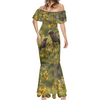 New Zealand Kaka Bird Mermaid Dress Kowhai Flower Landscape Style