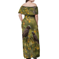 New Zealand Kaka Bird Off Shoulder Maxi Dress Kowhai Flower Landscape Style