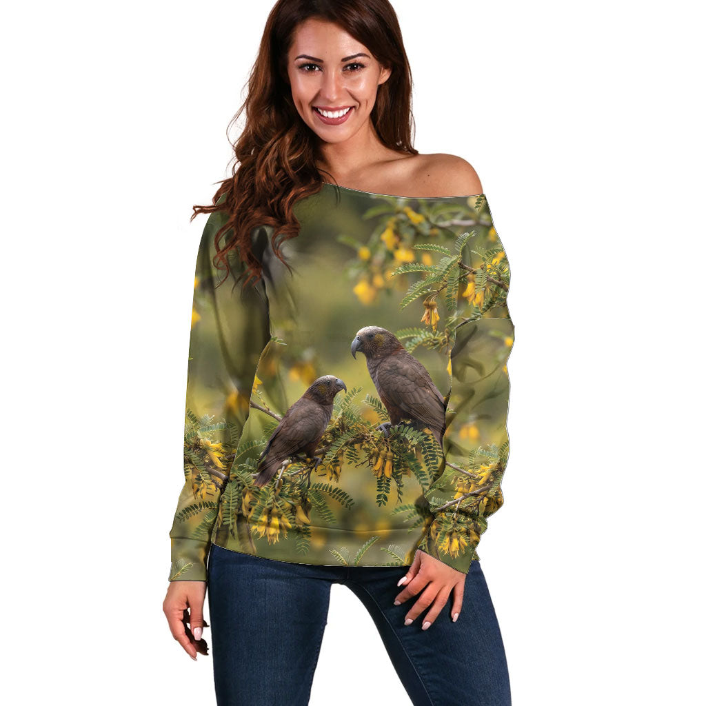 New Zealand Kaka Bird Off Shoulder Sweater Kowhai Flower Landscape Style LT22 Women Green - Polynesian Pride