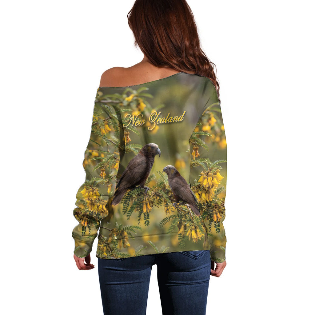 New Zealand Kaka Bird Off Shoulder Sweater Kowhai Flower Landscape Style LT22 - Polynesian Pride