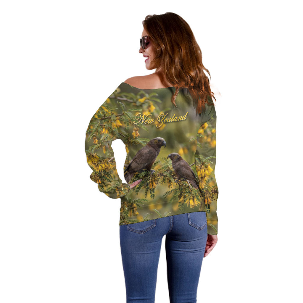 New Zealand Kaka Bird Off Shoulder Sweater Kowhai Flower Landscape Style LT22 - Polynesian Pride