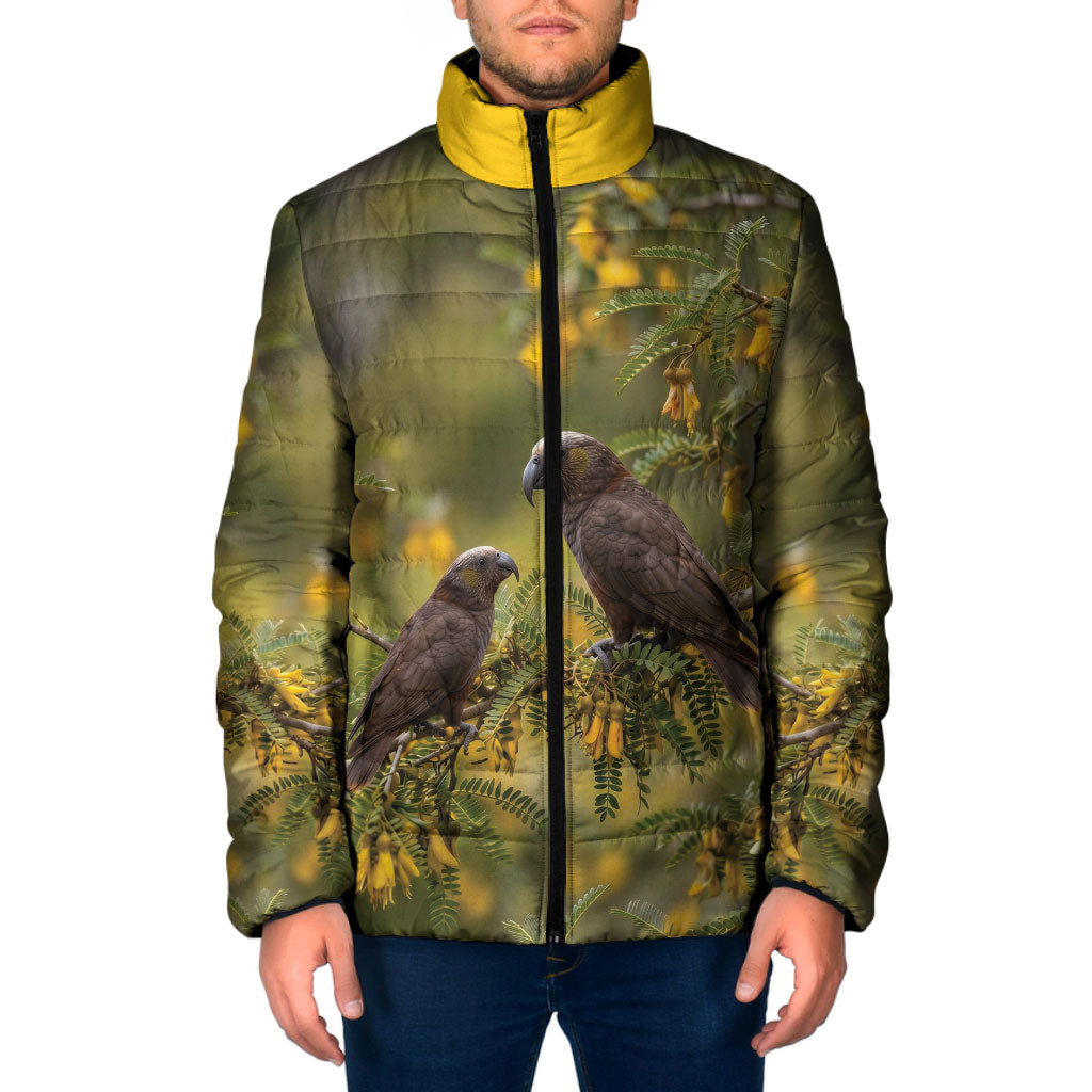 New Zealand Kaka Bird Padded Jacket Kowhai Flower Landscape Style
