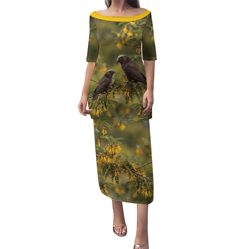 New Zealand Kaka Bird Puletasi Kowhai Flower Landscape Style LT22 Long Dress Green - Polynesian Pride