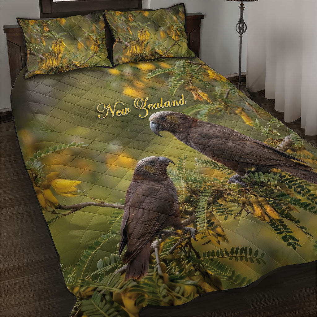 New Zealand Kaka Bird Quilt Bed Set Kowhai Flower Landscape Style