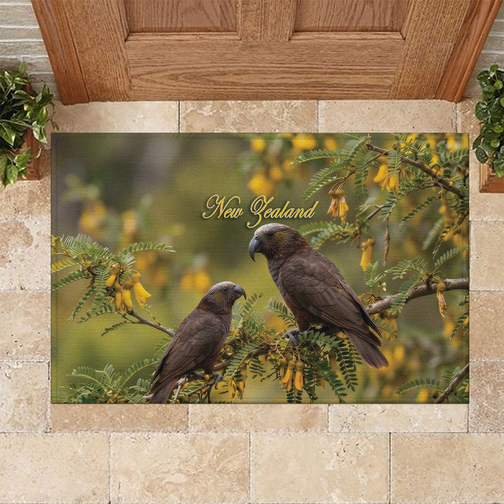 New Zealand Kaka Bird Rubber Doormat Kowhai Flower Landscape Style