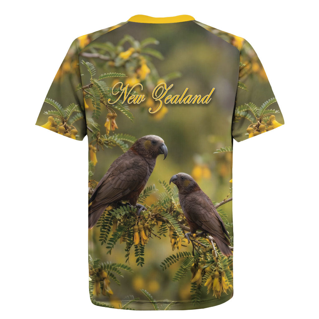New Zealand Kaka Bird Rugby Jersey Kowhai Flower Landscape Style LT22 - Polynesian Pride