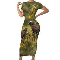 New Zealand Kaka Bird Short Sleeve Bodycon Dress Kowhai Flower Landscape Style LT22 Long Dress Green - Polynesian Pride