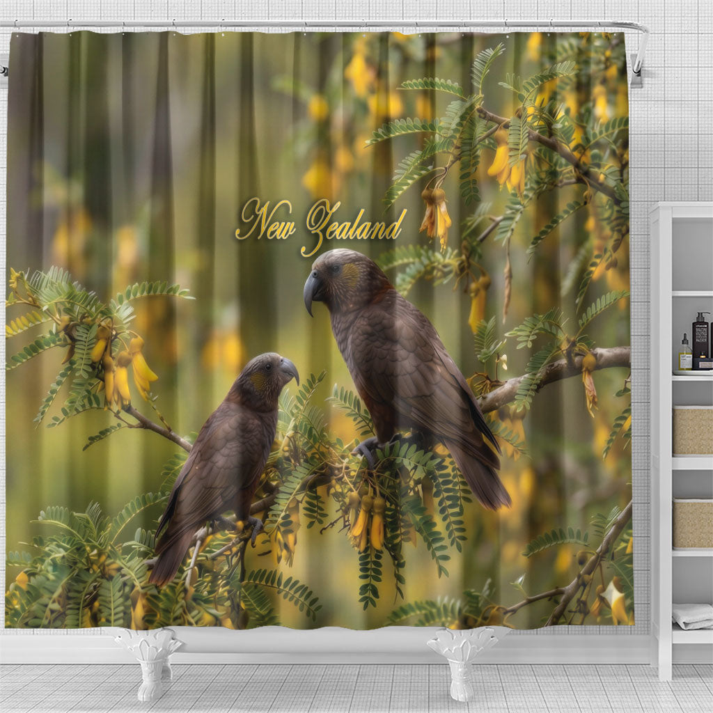 New Zealand Kaka Bird Shower Curtain Kowhai Flower Landscape Style
