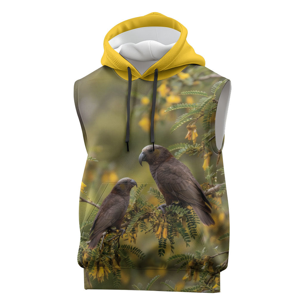 New Zealand Kaka Bird Sleeveless Hoodie Kowhai Flower Landscape Style