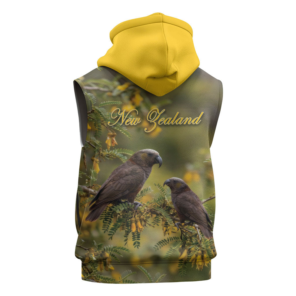 New Zealand Kaka Bird Sleeveless Hoodie Kowhai Flower Landscape Style LT22 - Polynesian Pride