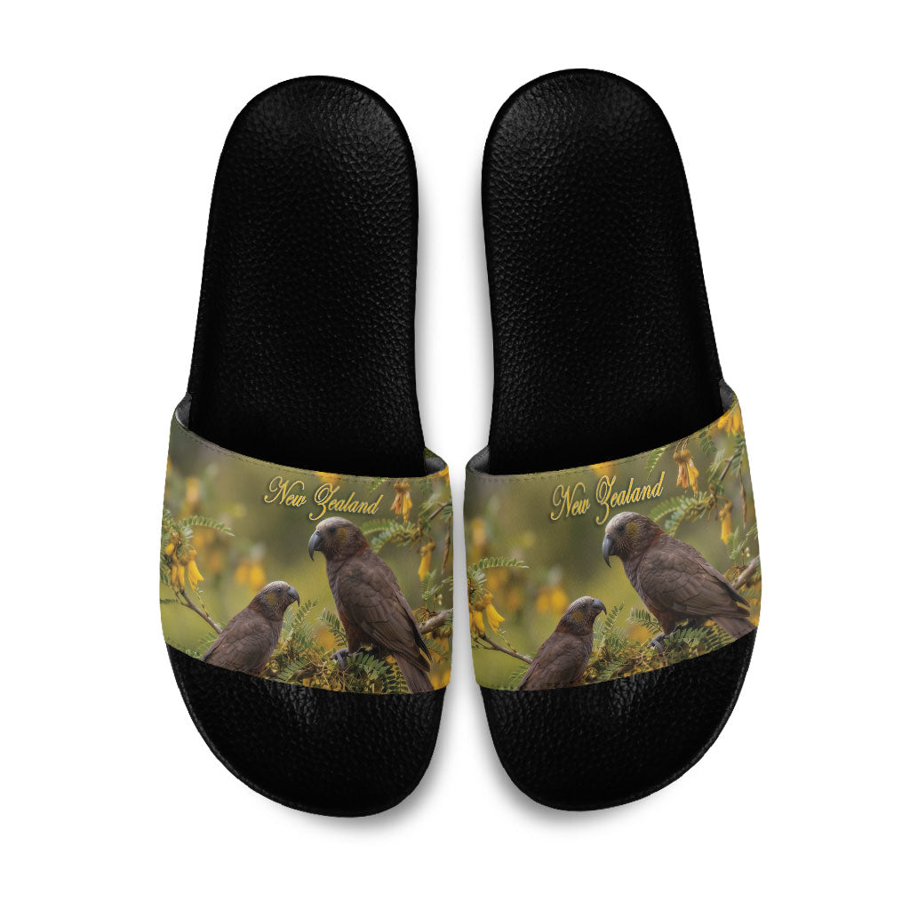 New Zealand Kaka Bird Slide Sandals Kowhai Flower Landscape Style