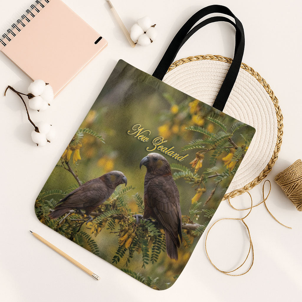 New Zealand Kaka Bird Tote Bag Kowhai Flower Landscape Style LT22 Black Strap One Size Green - Polynesian Pride