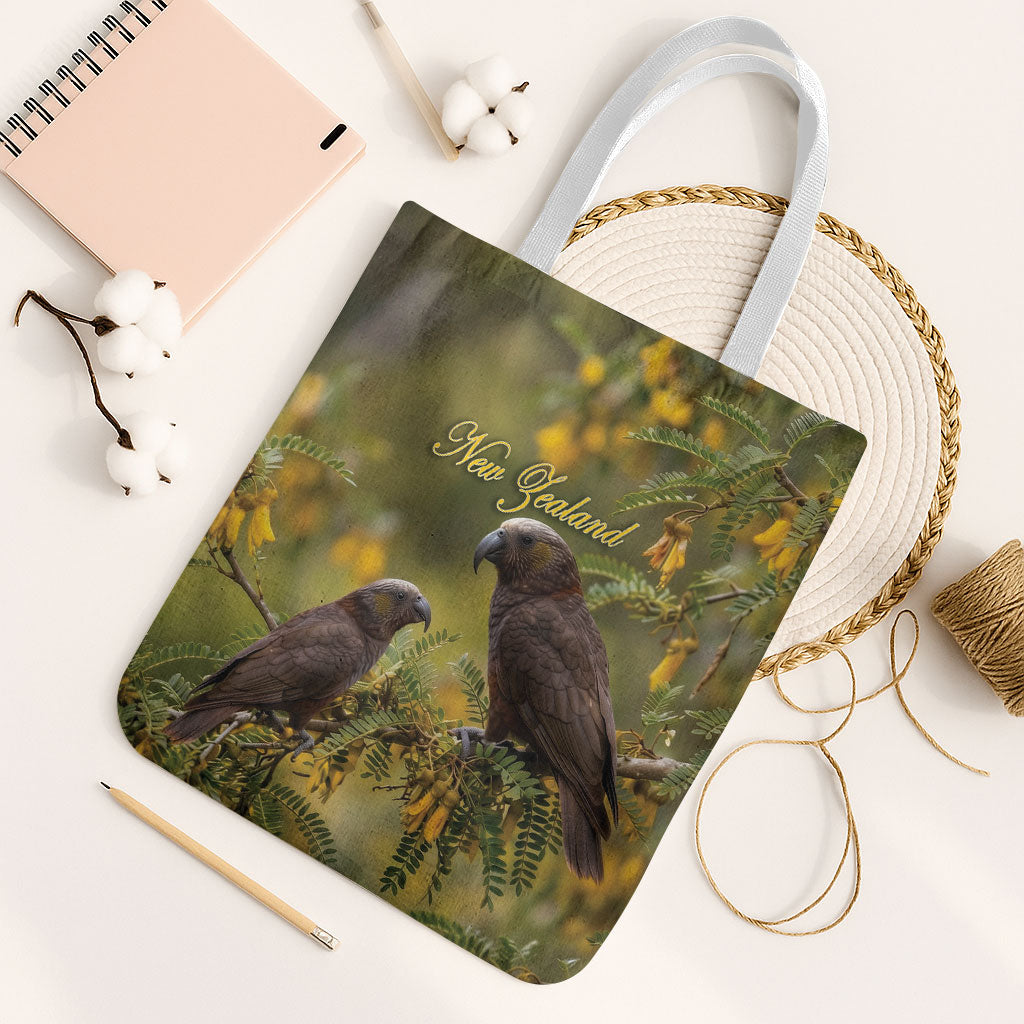 New Zealand Kaka Bird Tote Bag Kowhai Flower Landscape Style LT22 White Strap One Size Green - Polynesian Pride