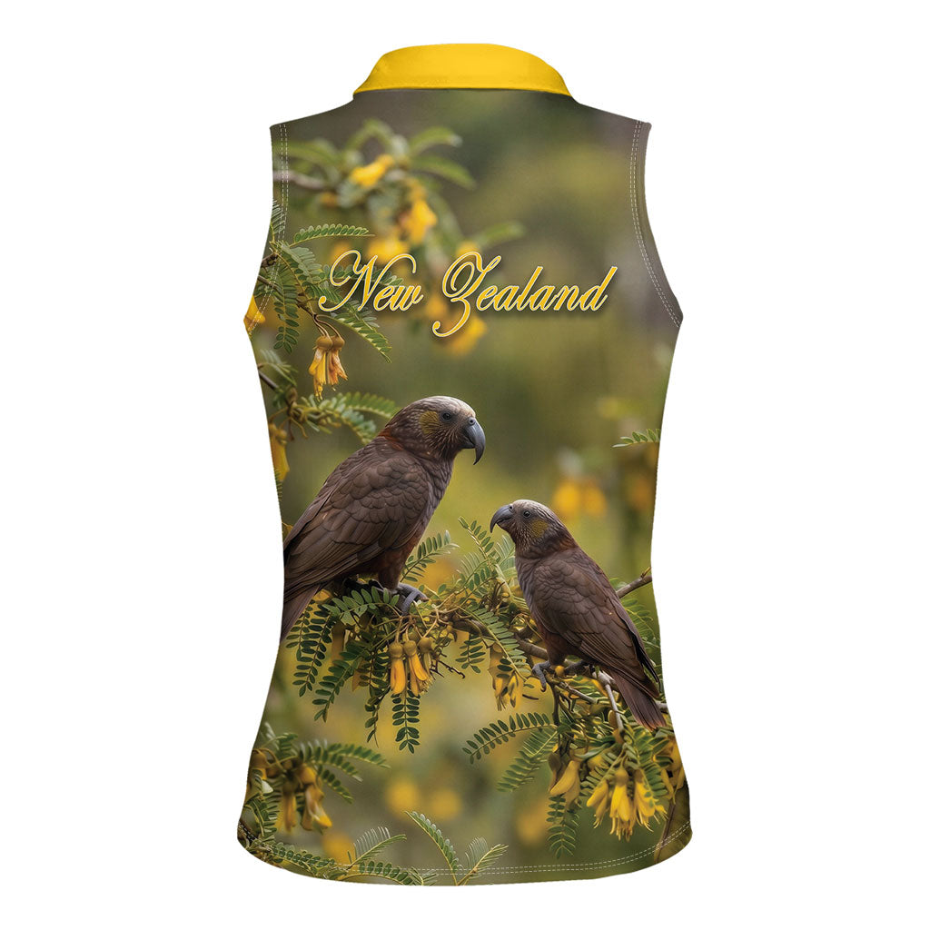 New Zealand Kaka Bird Women Sleeveless Polo Shirt Kowhai Flower Landscape Style LT22 - Polynesian Pride