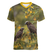 New Zealand Kaka Bird Women V-Neck T-Shirt Kowhai Flower Landscape Style LT22 Female Green - Polynesian Pride