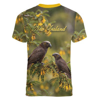 New Zealand Kaka Bird Women V-Neck T-Shirt Kowhai Flower Landscape Style LT22 - Polynesian Pride