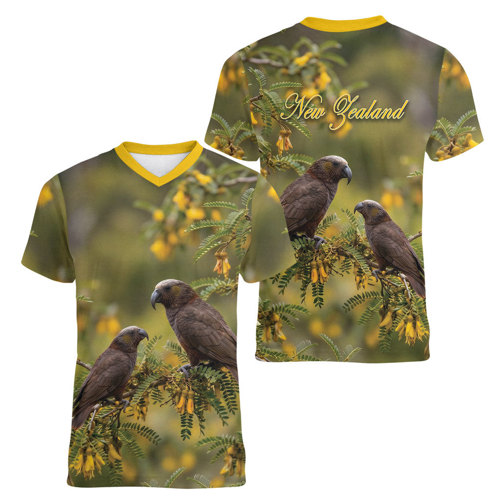 New Zealand Kaka Bird Women V-Neck T-Shirt Kowhai Flower Landscape Style LT22 - Polynesian Pride
