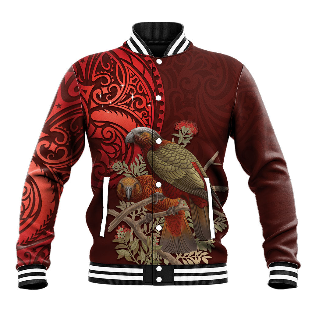 New Zealand Kaka Bird Personalised Baseball Jacket Pohutukawa Matariki Maori Pattern LT22 Unisex Red - Polynesian Pride