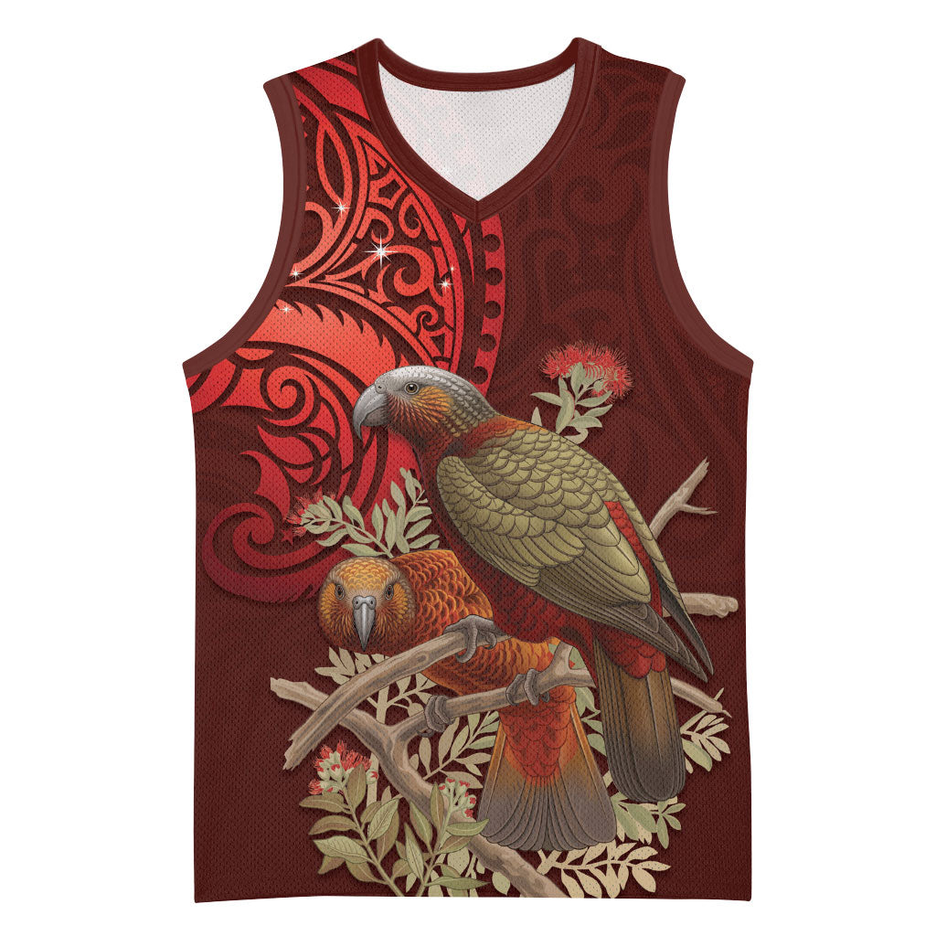 New Zealand Kaka Bird Personalised Basketball Jersey Pohutukawa Matariki Maori Pattern LT22 Unisex Red - Polynesian Pride