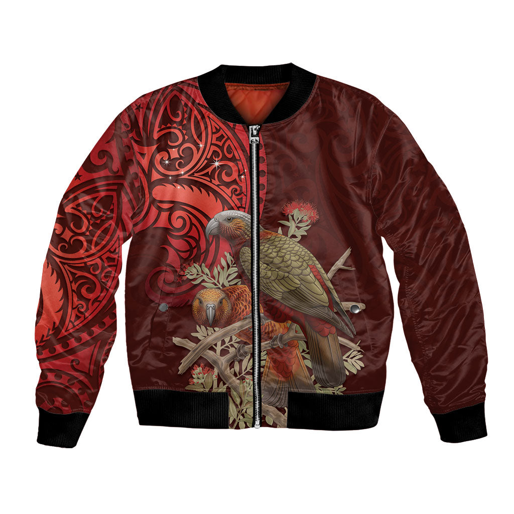 New Zealand Kaka Bird Personalised Bomber Jacket Pohutukawa Matariki Maori Pattern