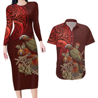 New Zealand Kaka Bird Personalised Couples Matching Long Sleeve Bodycon Dress and Hawaiian Shirt Pohutukawa Matariki Maori Pattern LT22 Red - Polynesian Pride