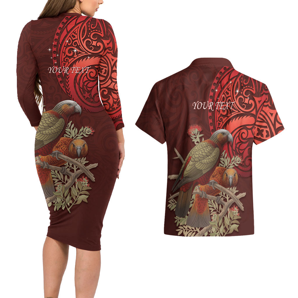 New Zealand Kaka Bird Personalised Couples Matching Long Sleeve Bodycon Dress and Hawaiian Shirt Pohutukawa Matariki Maori Pattern LT22 - Polynesian Pride