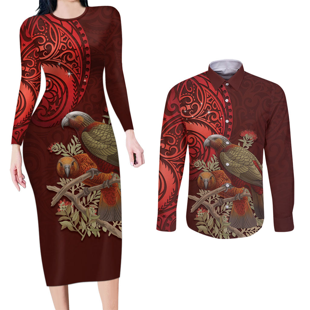 New Zealand Kaka Bird Personalised Couples Matching Long Sleeve Bodycon Dress and Long Sleeve Button Shirt Pohutukawa Matariki Maori Pattern